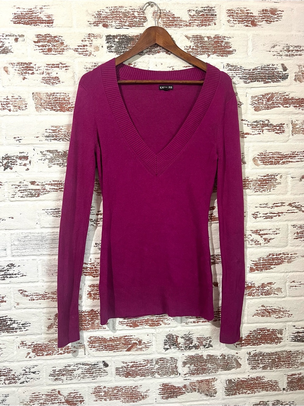 Express Women's Size L Deep V-Neck Long Sleeve Sweater Magenta Purple
